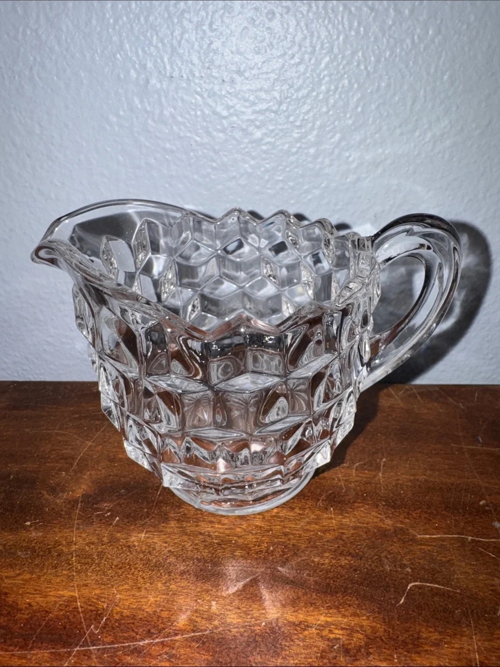 Vintage Glass Milk/Cream Pitcher Textured Cube Diamond Pattern Pressed Glass